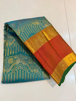 Load image into Gallery viewer, Classic Sea Green &amp; Orange Brocade Elegance Kanchipuram Handloom Silk Saree SS27199
