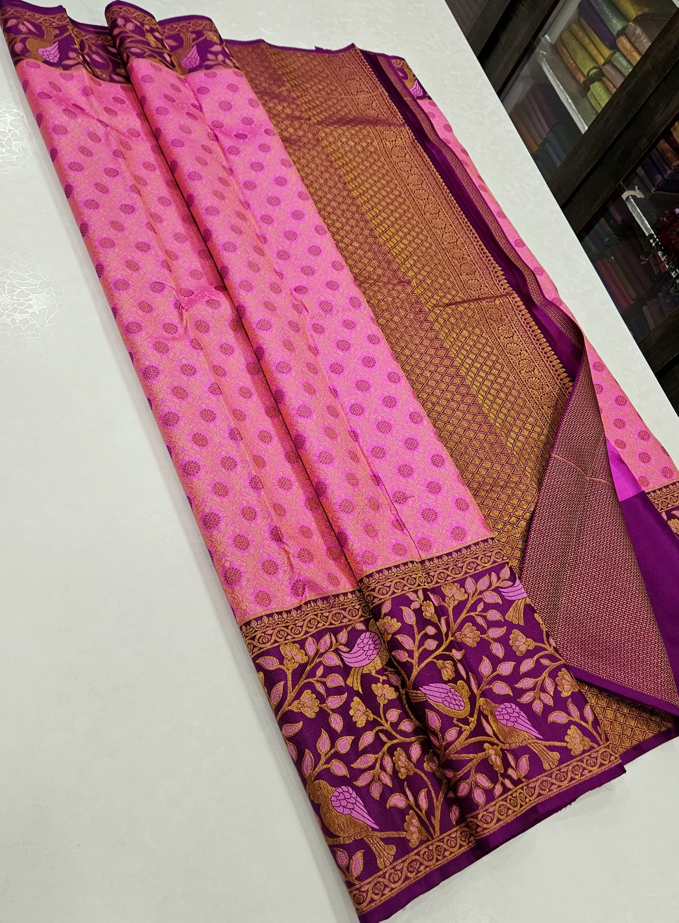 Classic Pastel Pink & Berry Purple 1gm Zari Korvai Elegance Kanchipuram Handloom Silk Saree SS25179