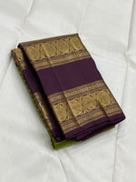 Load image into Gallery viewer, Classic Olive Green &amp; Jam Purple 2gm Zari Elegance Kanchipuram Handloom Silk Saree SS24258
