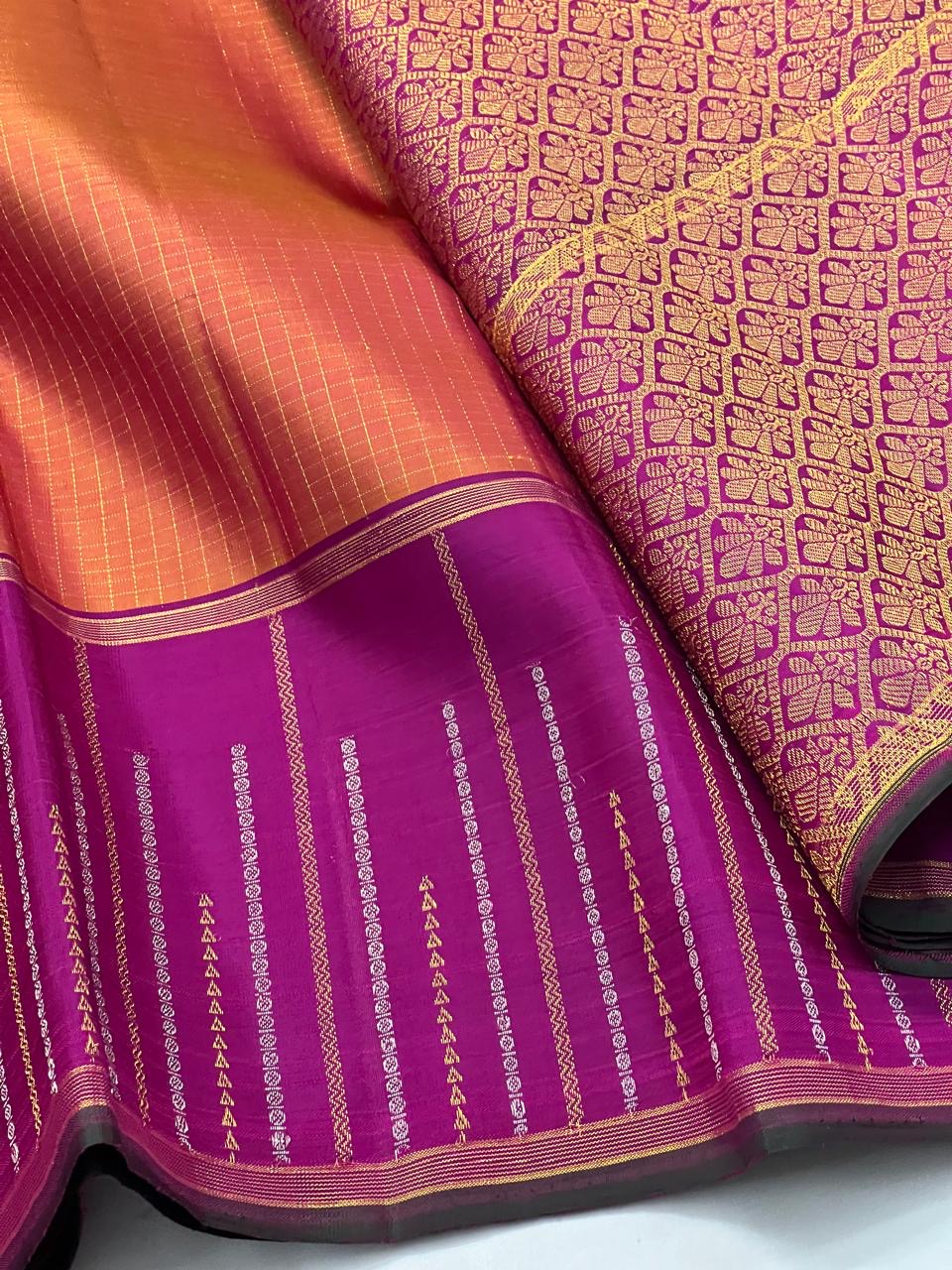 Classic Orange & Deep Pink 2gm Zari Kanchipuram Handloom Silk Saree SS26396