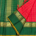 Load image into Gallery viewer, Classic Tomato Red &amp; Green Vintage Silver Checks Korvai 1gm Zari Kanchipuram Handloom Silk Saree SS26274
