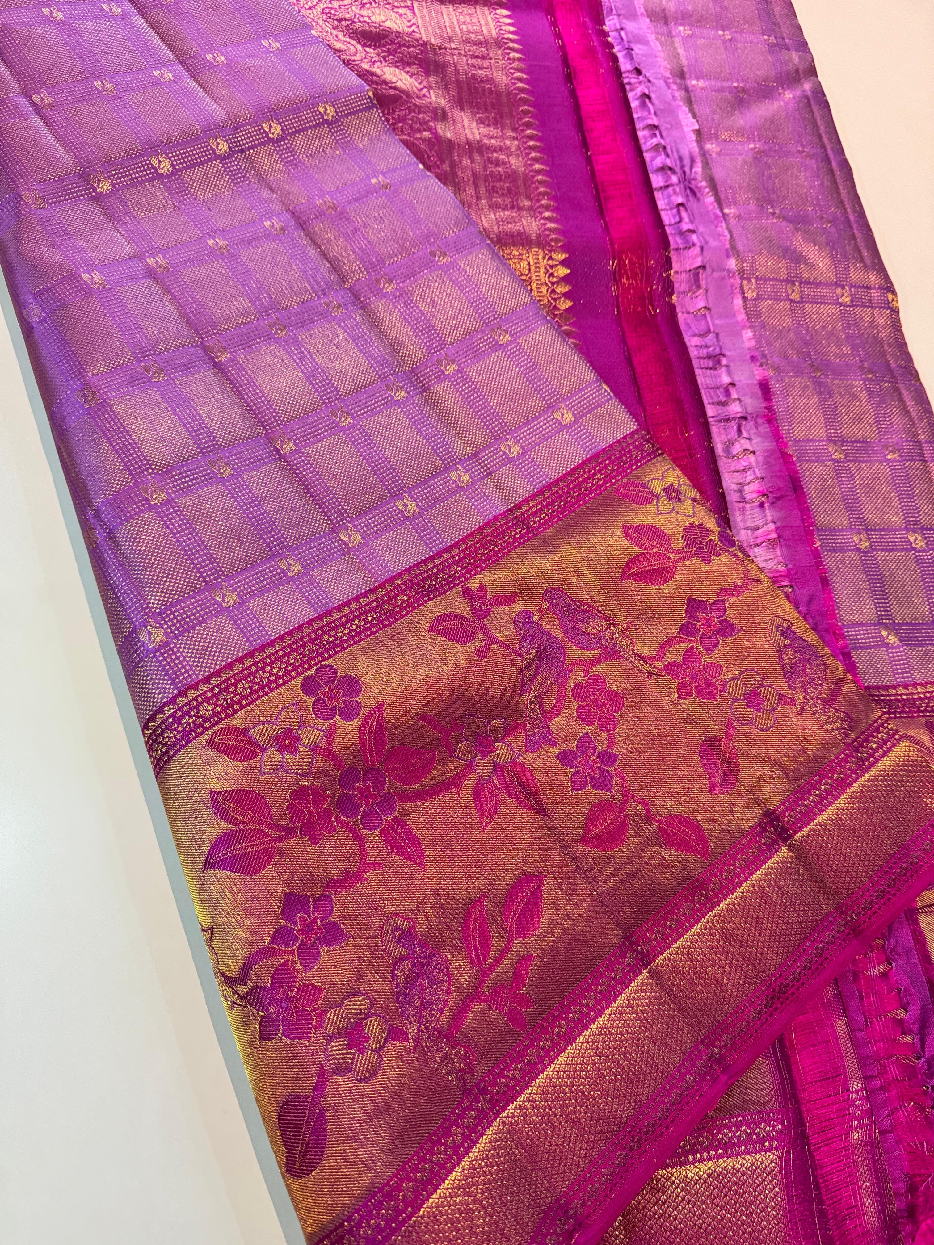 Classic Lavender & Berry Pink 2gm Zari Meenakari Resham Warp Kanchipuram Handloom Silk Saree SS25953