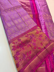 Classic Lavender & Berry Pink 2gm Zari Meenakari Resham Warp Kanchipuram Handloom Silk Saree SS25953