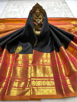 Load image into Gallery viewer, Classic Charcoal Black &amp; Mustard 2gm Zari Kanchipuram Handloom Silk Saree SS25829
