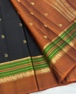 Classic Charcoal Black & Mustard 1gm Zari Elegance Kanchipuram Handloom Silk Saree SS24772