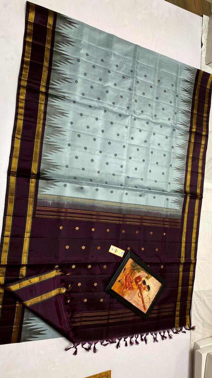 Classic Ice Grey & Coffee Brown Korvai Kanchipuram Handloom Silk Saree SS25883