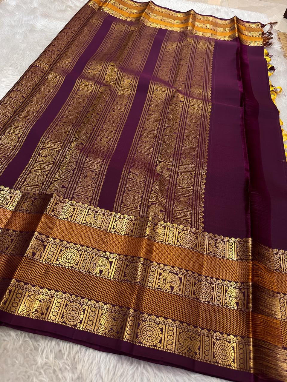 Classic Mustard & Plum 2gm Zari Elegance Kanchipuram Handloom Silk Saree SS24232