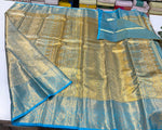 Load image into Gallery viewer, Classic Shimmer Gold Ice Blue Brocade Tissue Bridal Elegance Kanchipuram Handloom Silk Saree SS27275
