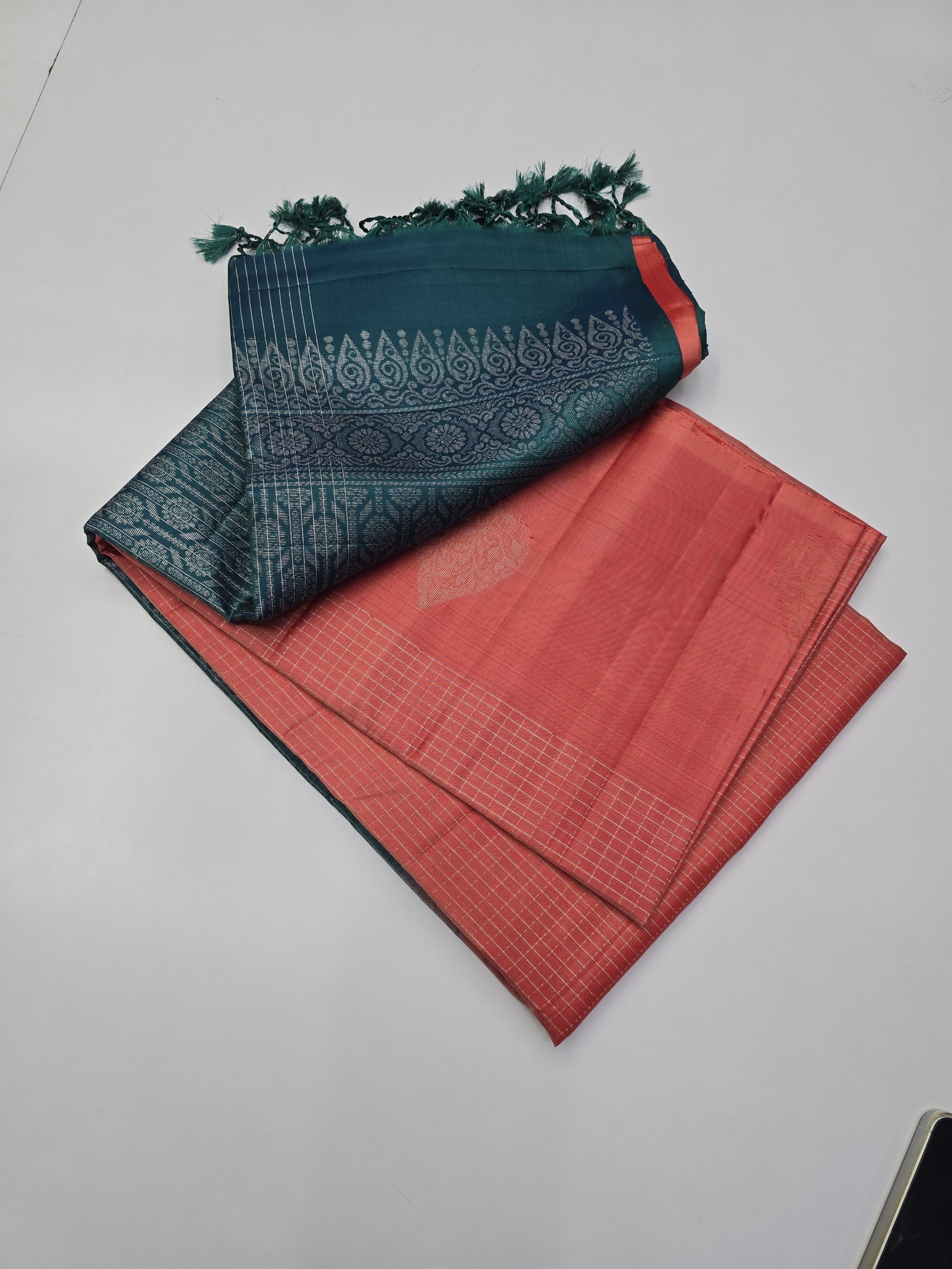 Classic Rosy Peach & Metallic Blue Elegance Handloom Soft Silk Saree SS25668