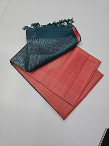 Classic Rosy Peach & Metallic Blue Elegance Handloom Soft Silk Saree SS25668