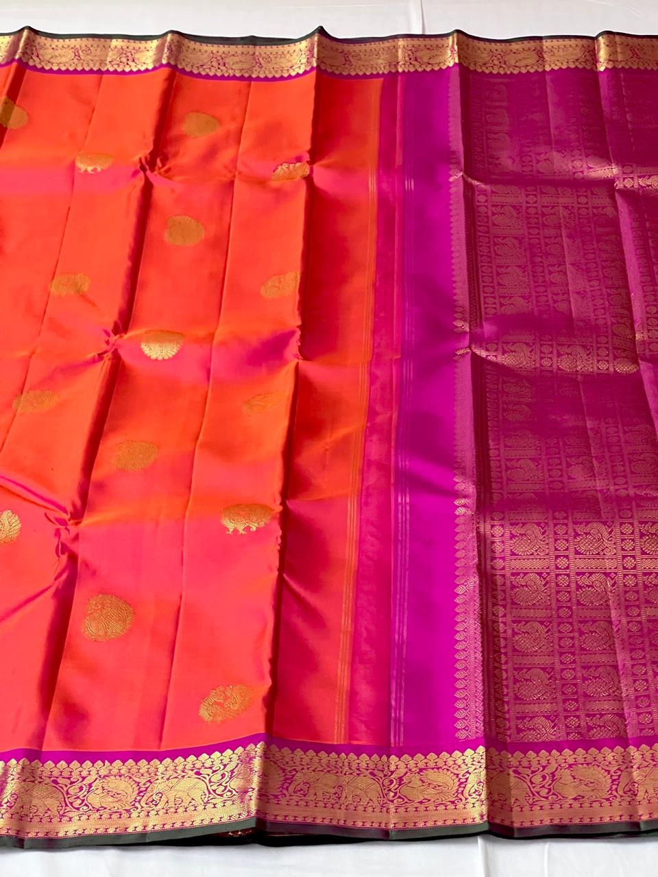 Classic Orange & Fuchsia Pink 2gm Zari Elegance Kanchipuram Silk Saree SS23874