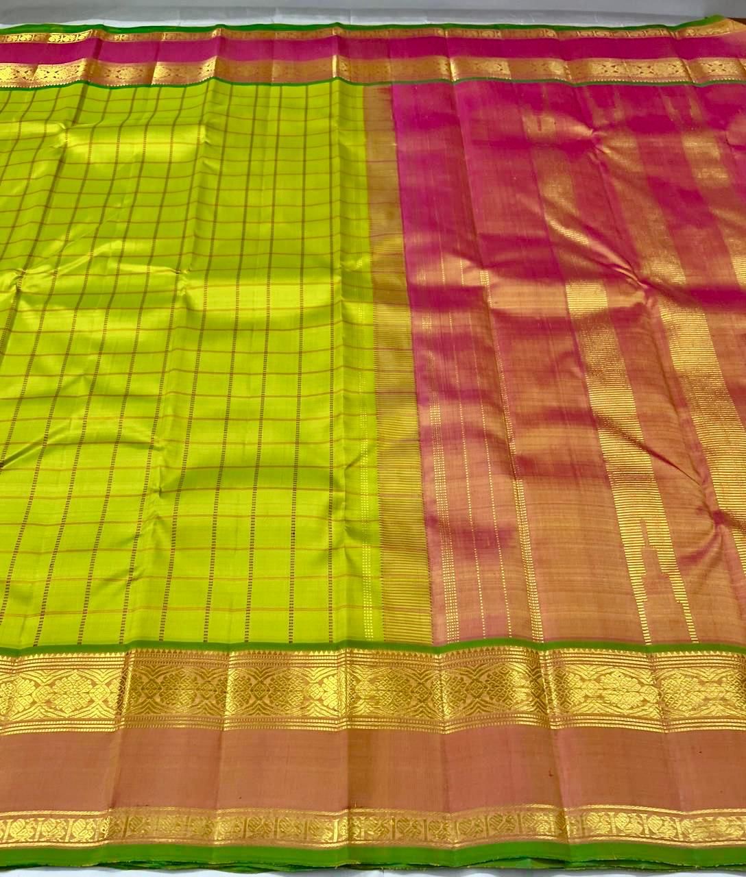 Classic Lime Yellow & Orange 2gm Zari Kanchipuram Handloom Silk Saree SS25579
