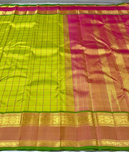 Classic Lime Yellow & Orange 2gm Zari Kanchipuram Handloom Silk Saree SS25579