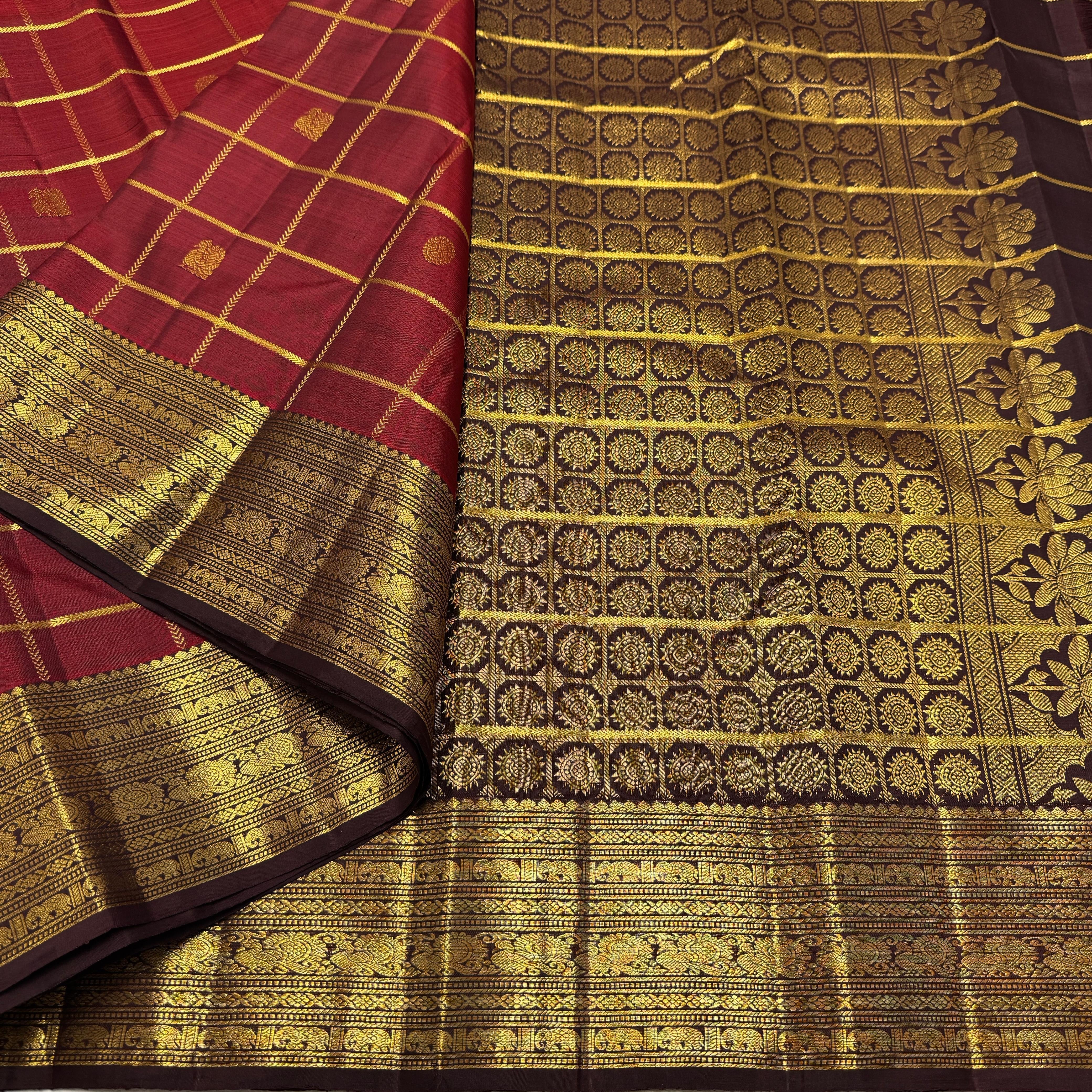 Classic Brick Red & Coffee Brown 2gm Zari Bridal Elegance Kanchipuram Handloom Silk Saree SS26497