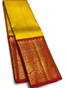 Classic Golden Yellow & Brick Red 3gm Zari Elegance Kanjivaram Handloom Silk Saree SS23411