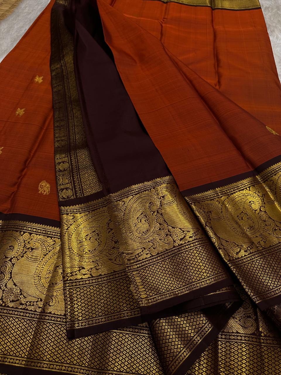 Classic Orange & Brown Kanchipuram Handloom Silk Saree SS25957