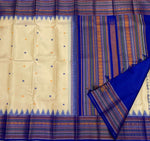Load image into Gallery viewer, Classic Creamy Beige &amp; Royal Blue Vintage Thread Butta Korvai  Elegance Kanchipuram Handloom Silk Saree SS27558
