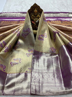 Load image into Gallery viewer, Classic Oatmeal Beige &amp; Berry Purple 2gm Zari Bridal Elegance Kanchipuram Handloom Silk Saree SS25269
