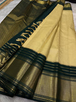 Load image into Gallery viewer, Classic Butter Cream &amp; Bottle Green 2gm Zari Elegance Kanchipuram Handloom Silk Saree SS24240
