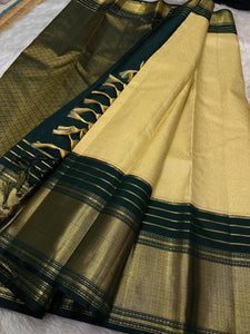 Classic Butter Cream & Bottle Green 2gm Zari Elegance Kanchipuram Handloom Silk Saree SS24240