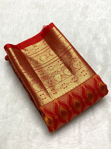 Classic Brick Orange Red 2gm Zari Bridal Elegance Kanchipuram Handloom Silk Saree SS22874