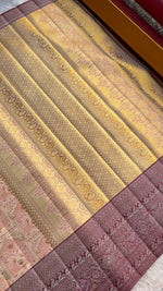 Load image into Gallery viewer, Classic Golden Cream &amp; Plum Bridal Elegance Kanchipuram Handloom Silk Saree SS28014

