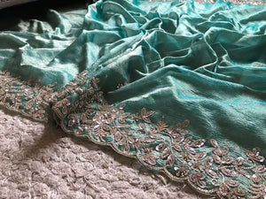 Classic Tinted Blue Handwork Elegance Crushed Tissue Silk Saree SS25698