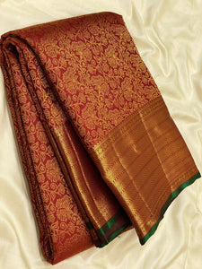 Classic Burnt Orange & Green 2gm Zari Kanchipuram Handloom Silk Saree SS25611