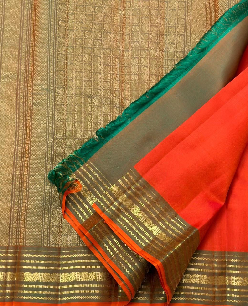 Classic Fiery Orange & Brownish Green 1gm Zari Elegance Kanchipuram Handloom Silk Saree SS24735