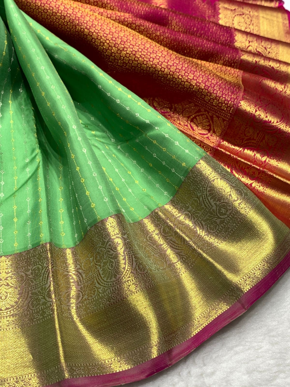 Classic Light Green & Deep Pink 2gm Zari Bridal Elegance Kanchipuram Handloom Silk Saree SS25568