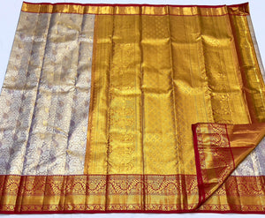 Classic Beige & Crimson Red 1gm Zari Bridal Elegance Kanchipuram Handloom Silk Saree SS24110