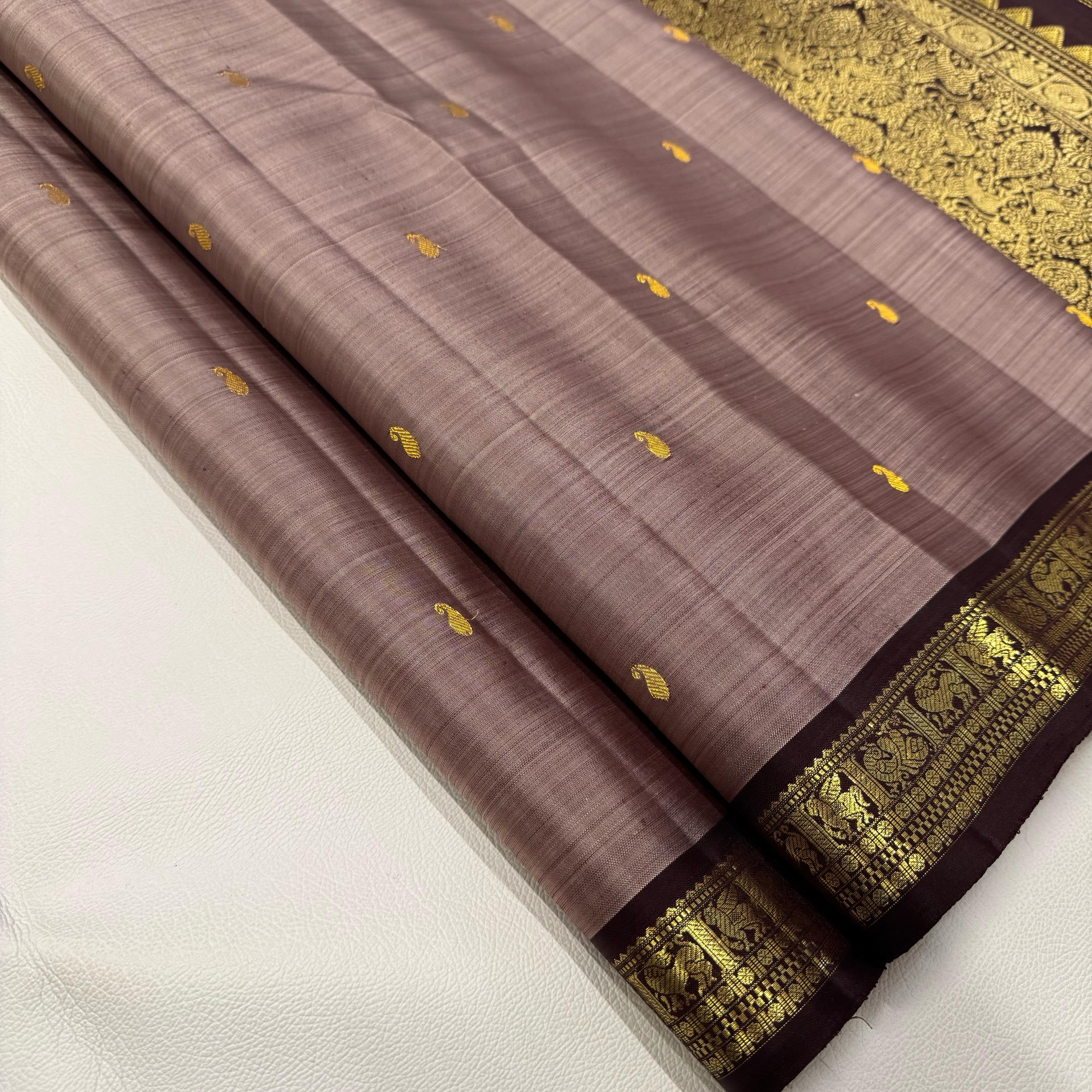 Classic Cocoa & Chocolate Brown 1gm Zari Elegance Kanchipuram Handloom Silk Saree SS24548