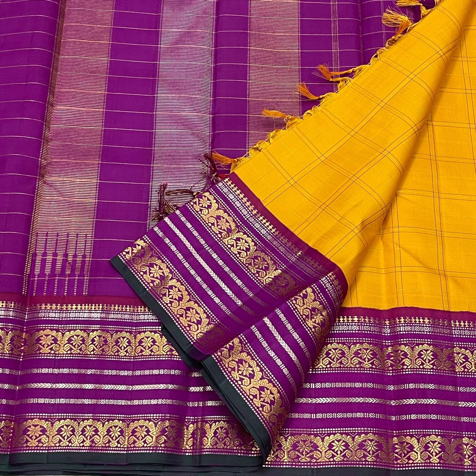 Classic Golden Yellow & Berry Plum 2gm Zari Elegance Kanchipuram Handloom Silk Saree SS24714