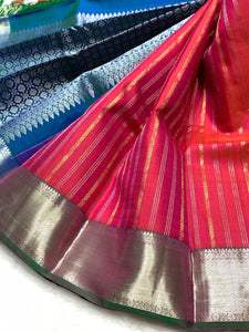 Classic Dark Pink & Peacock Blue 2gm Zari Elegance Kanchipuram Handloom Silk Saree SS24616