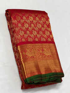 Classic Chilly Red 2gm Zari Bridal Elegance Kanchipuram Handloom Silk Saree SS24269