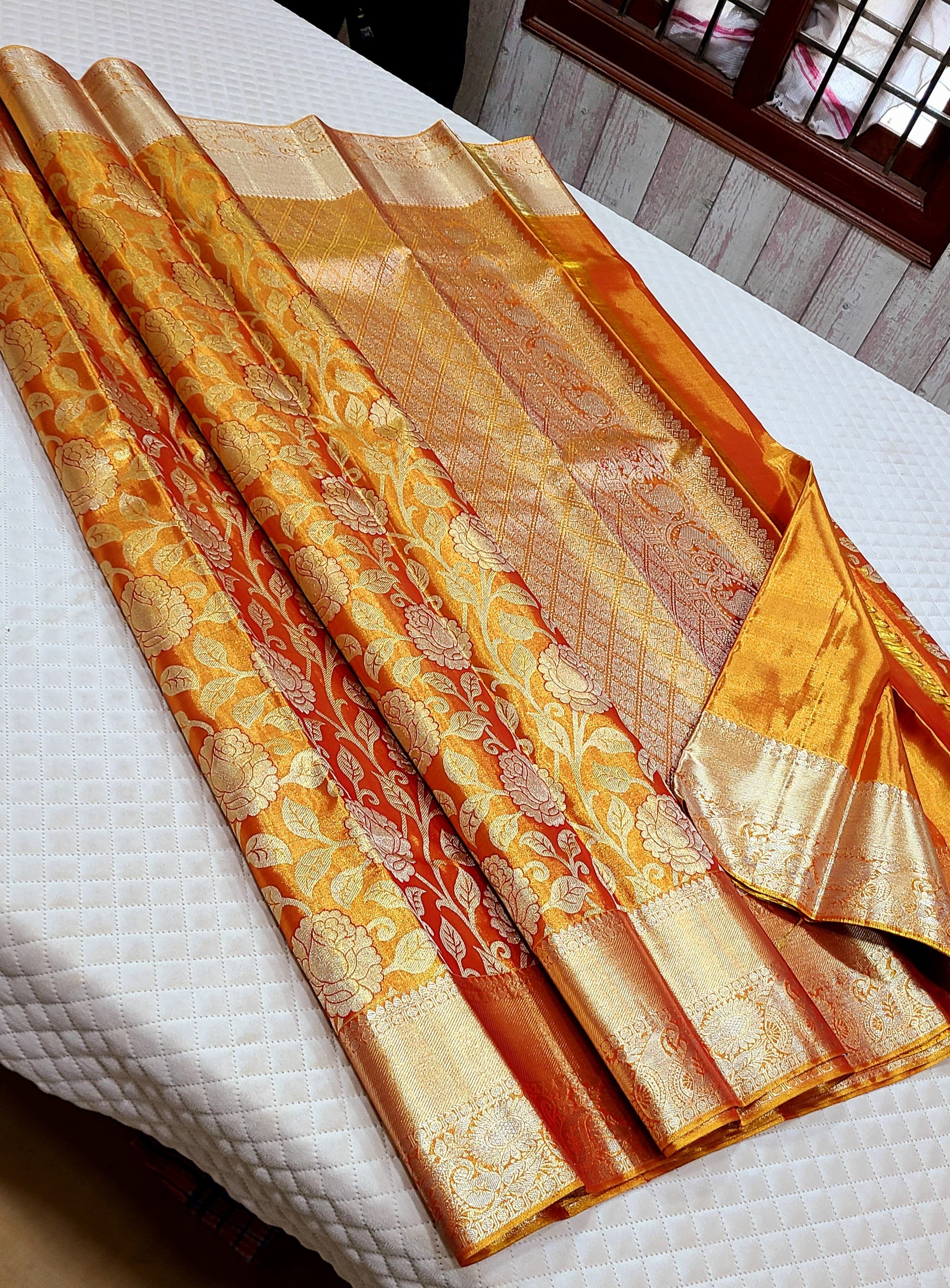 Pastel Golden Orange 1gm Zari Bridal Tissue Elegance Kanchipuram Handloom Silk Saree SS26355