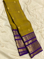 Load image into Gallery viewer, Classic Mustard Yellow &amp; Violet Long Border Vintage Elegance Kanchipuram Handloom Silk Saree SS27185
