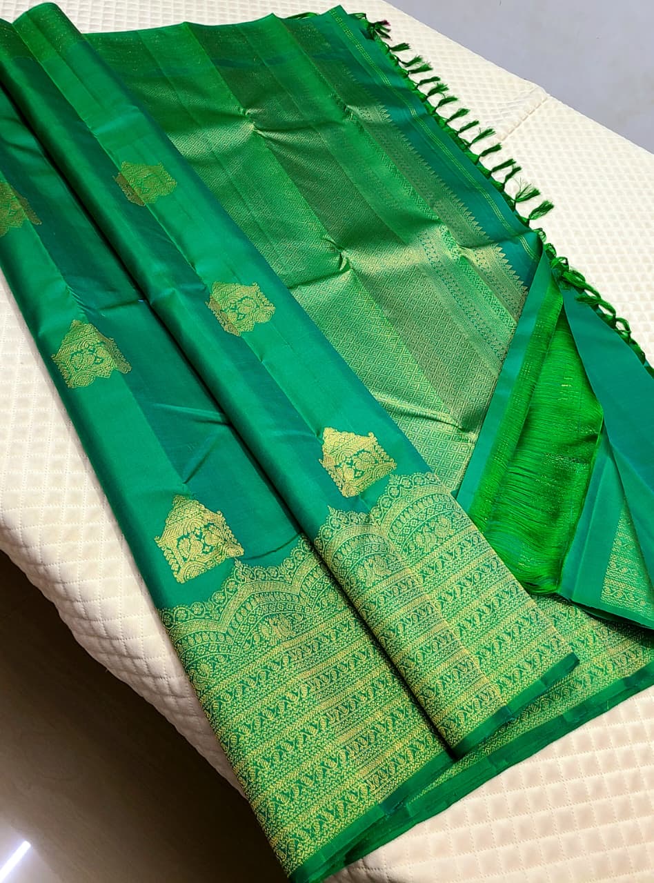 Classic Kelly Green 2gm Zari Kanchipuram Handloom Silk Saree SS26290