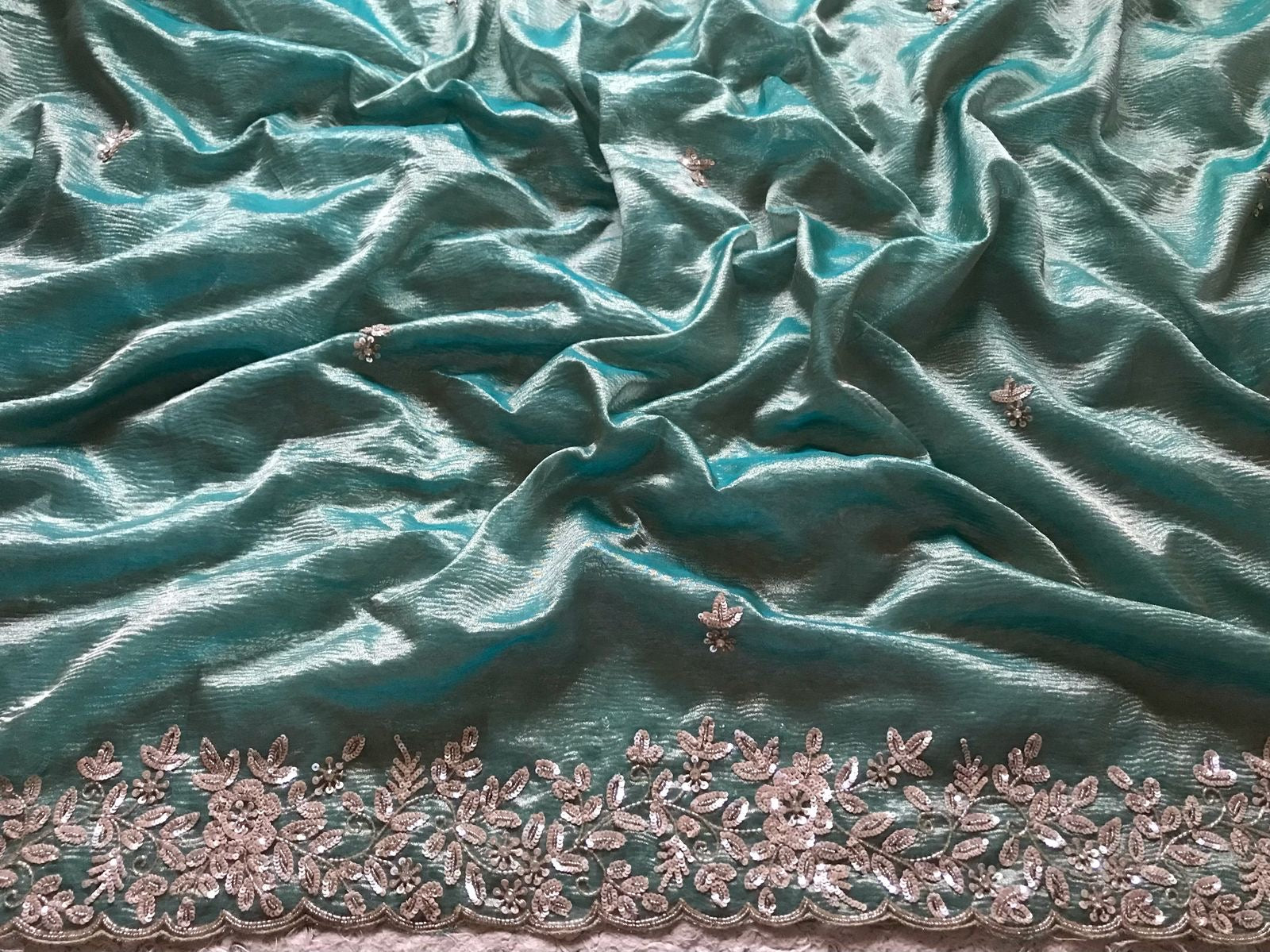 Classic Tinted Blue Handwork Elegance Crushed Tissue Silk Saree SS25698