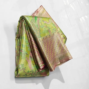 Classic Lime Green Floral Meenakari Brocade Bridal Elegance Kanchipuram Handloom Silk Saree SS24676