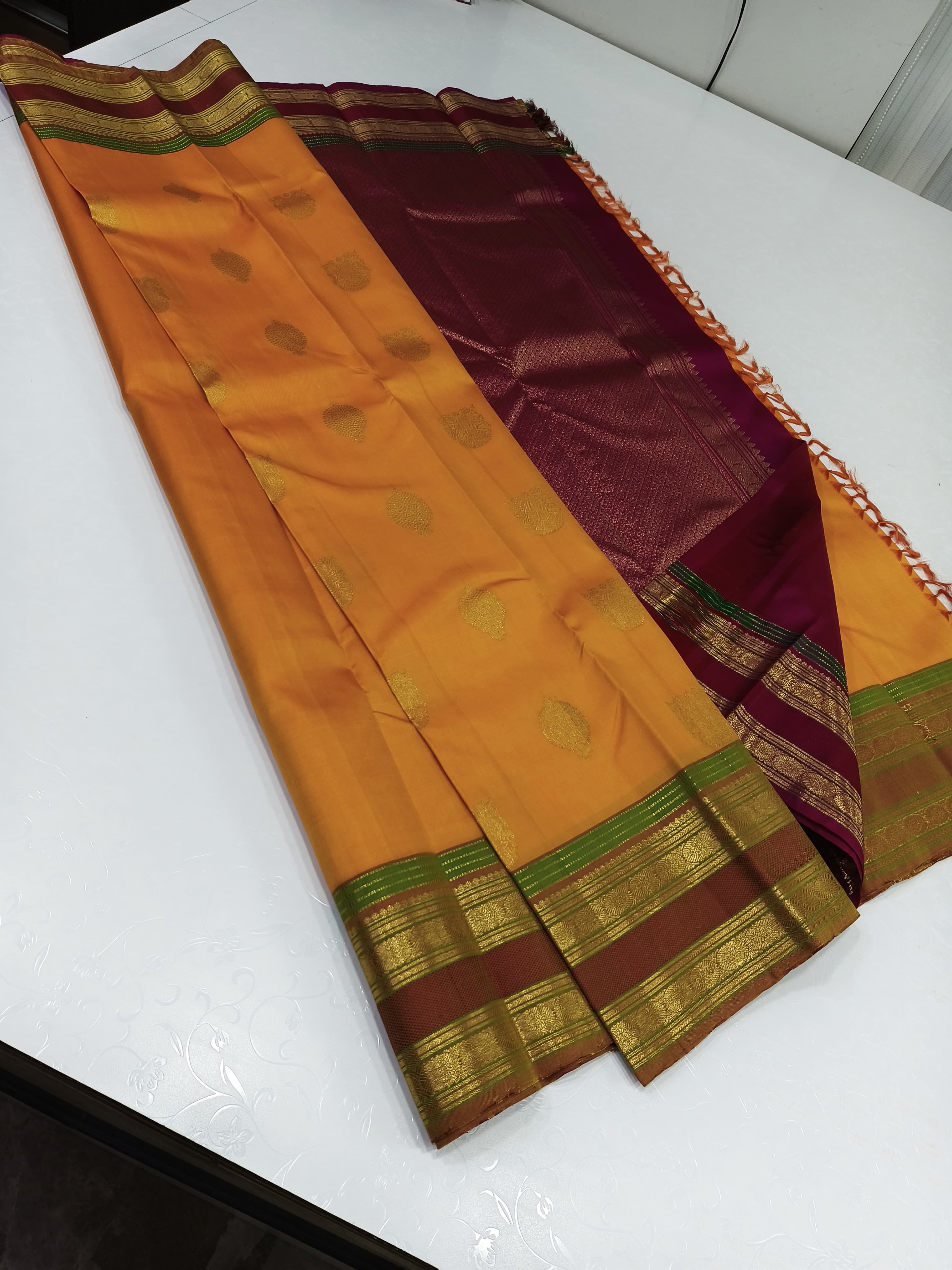 Classic Mango Yellow & Barn Red 2gm Zari Elegance Kanchipuram Handloom Silk Saree SS24257