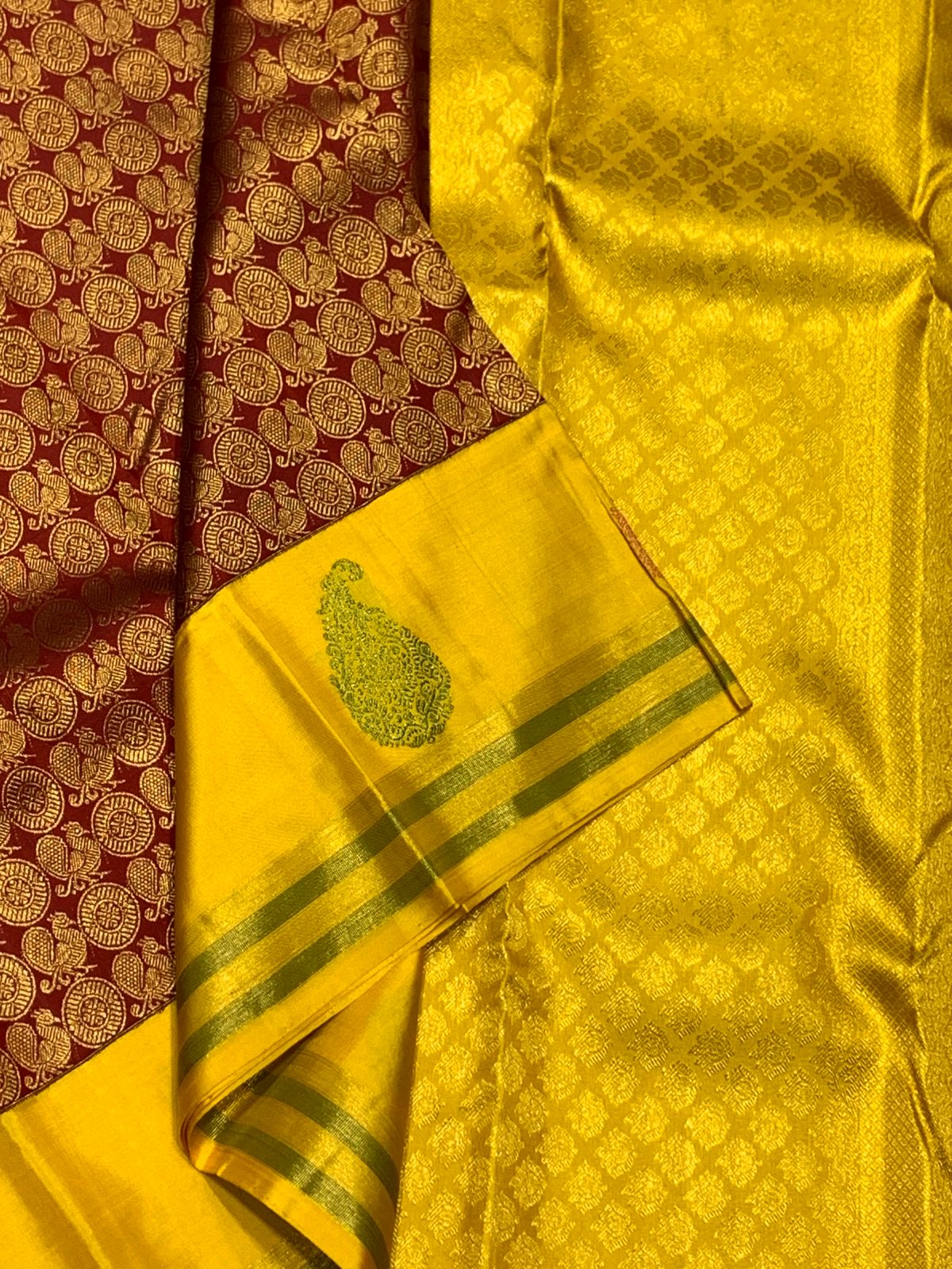 Classic Maroon Red & Sunny Yellow 2gm Zari Bridal Elegance Kanchipuram Handloom Silk Saree SS25834