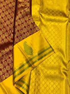 Classic Maroon Red & Sunny Yellow 2gm Zari Bridal Elegance Kanchipuram Handloom Silk Saree SS25834