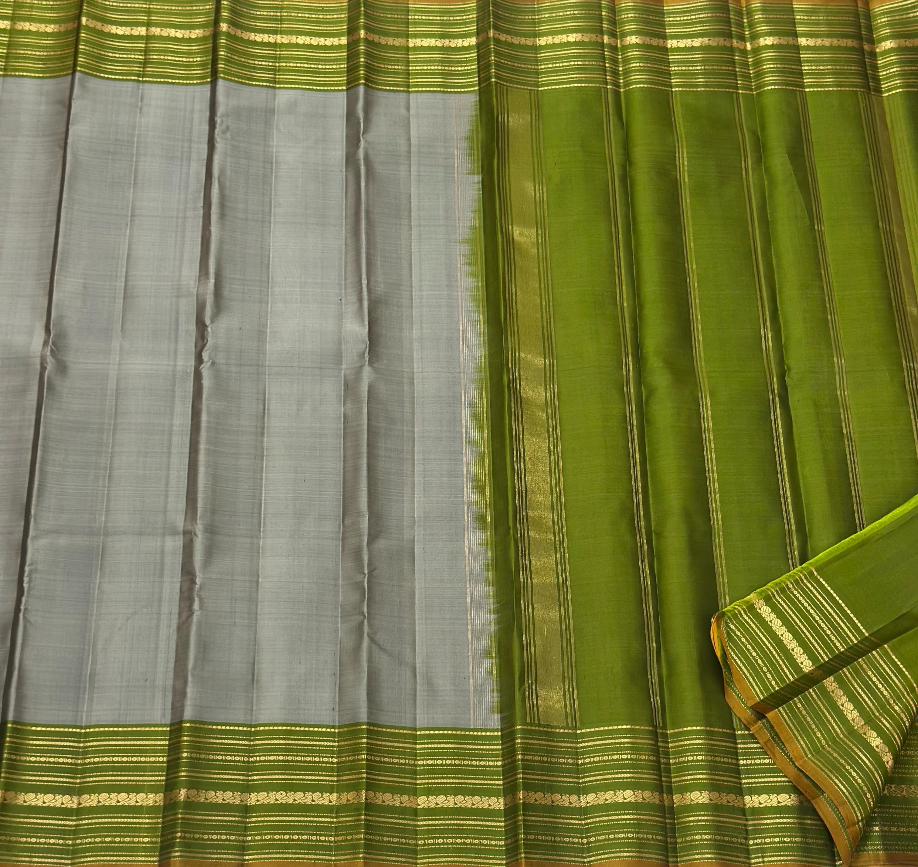 Classic Grey & Olive Green 1gm Zari Elegance Kanchipuram Handloom Silk Saree SS24760