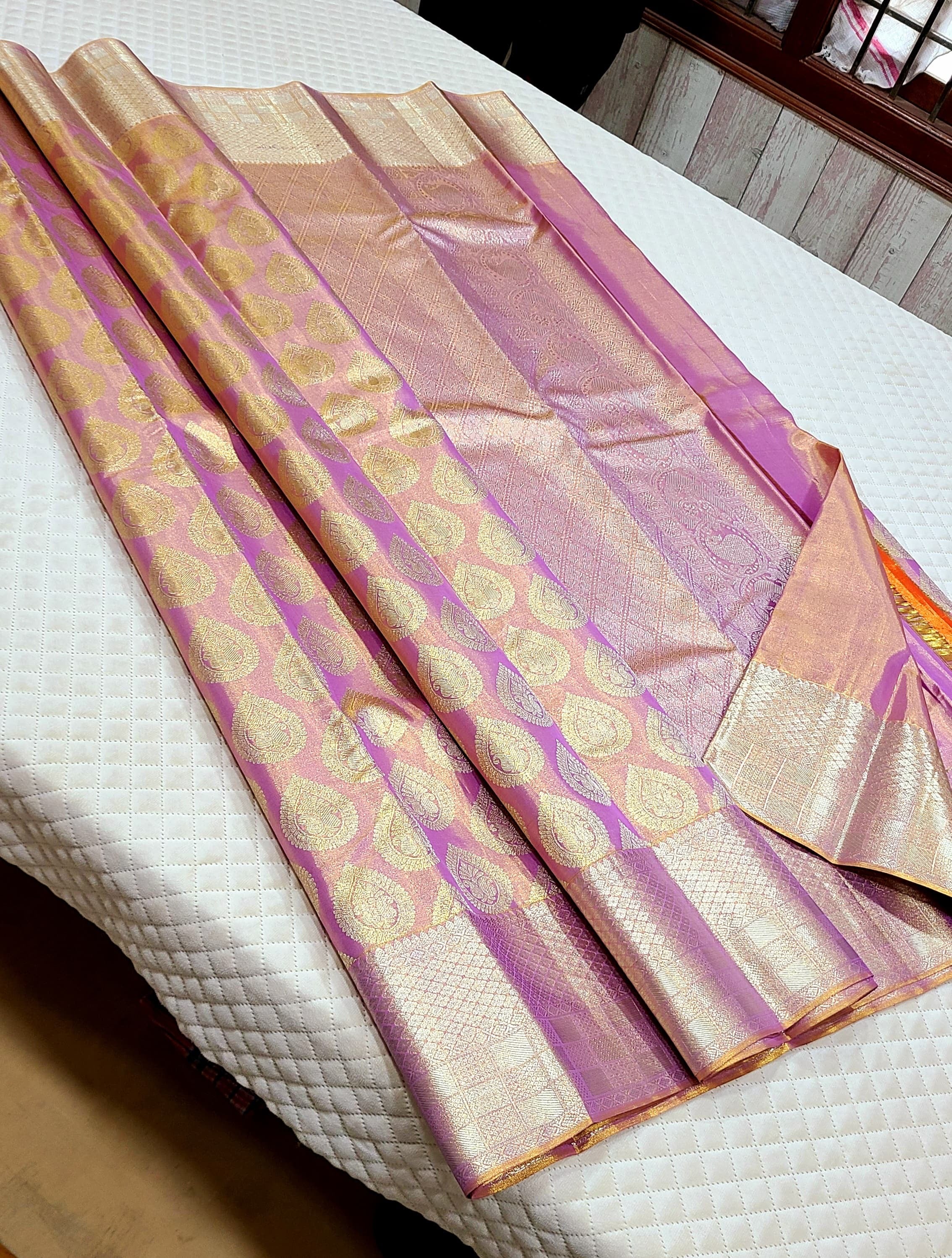 Pastel Lilac Pink 1gm Zari Bridal Tissue Elegance Kanchipuram Handloom Silk Saree SS26358