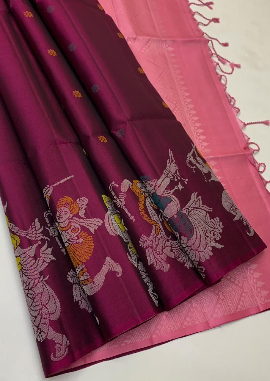 Classic Wine Red & Baby Pink Elegance Handloom Soft Silk Saree SS26119