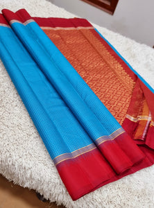 Classic Azure Blue & Scarlet Red Kanchipuram Handloom Silk Saree SS25555