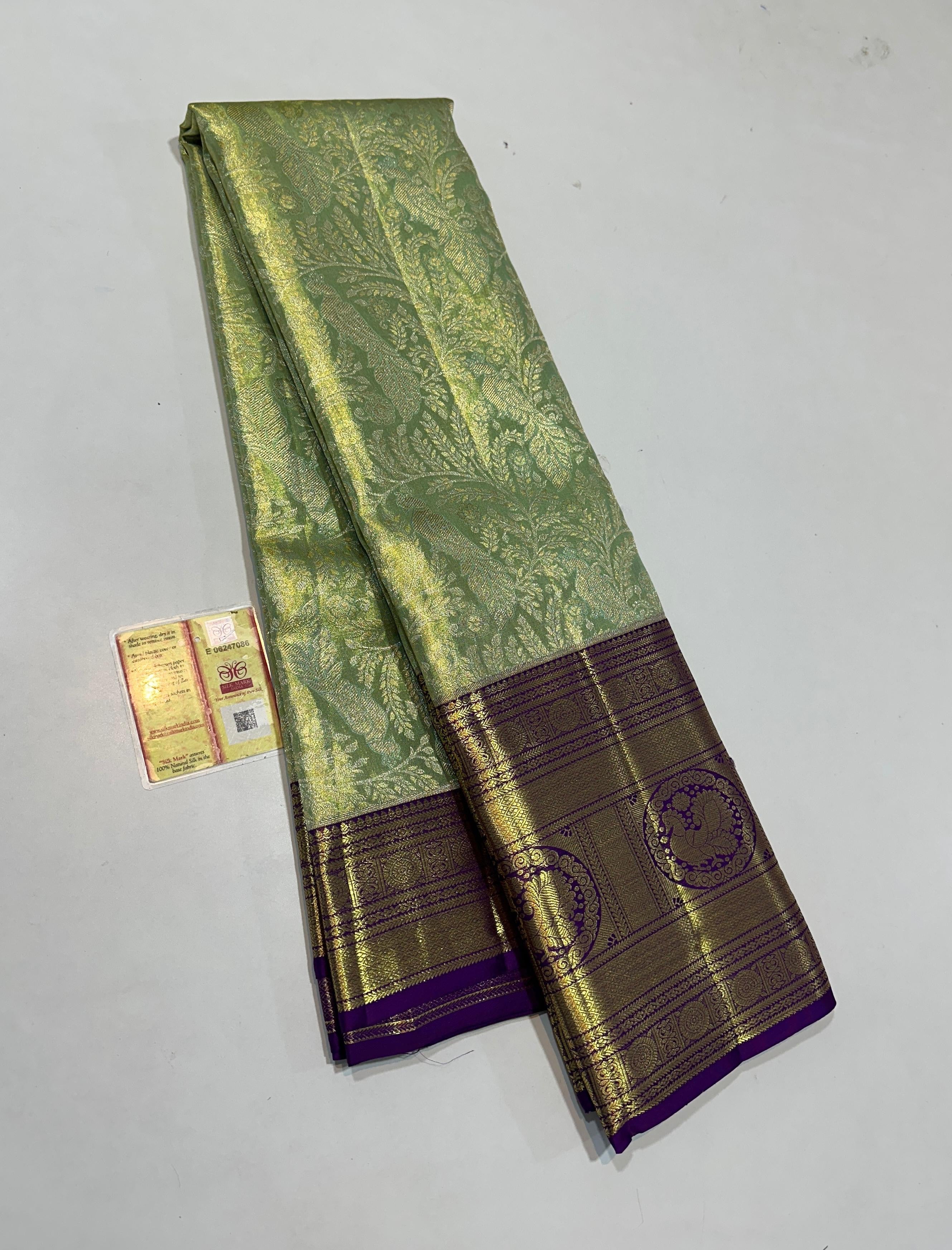 Classic Light Green & Violet Brocade Tissue Bridal Elegance Kanchipuram Handloom Silk Saree SS25265