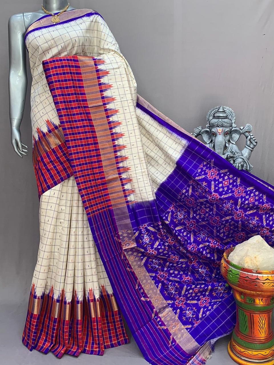 Classic Butter Cream & Royal Blue Ikkat Elegance Handloom Soft Silk Saree SS23140