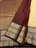 Load image into Gallery viewer, Classic Butter Cream &amp; Coffee Brown Elegance Semi Tissue Kanchipuram Handloom Silk Saree SS27862
